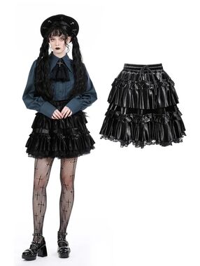 Black Velvet Ruffle Mini Skirt with Lace Trim and Adjustable Waistband